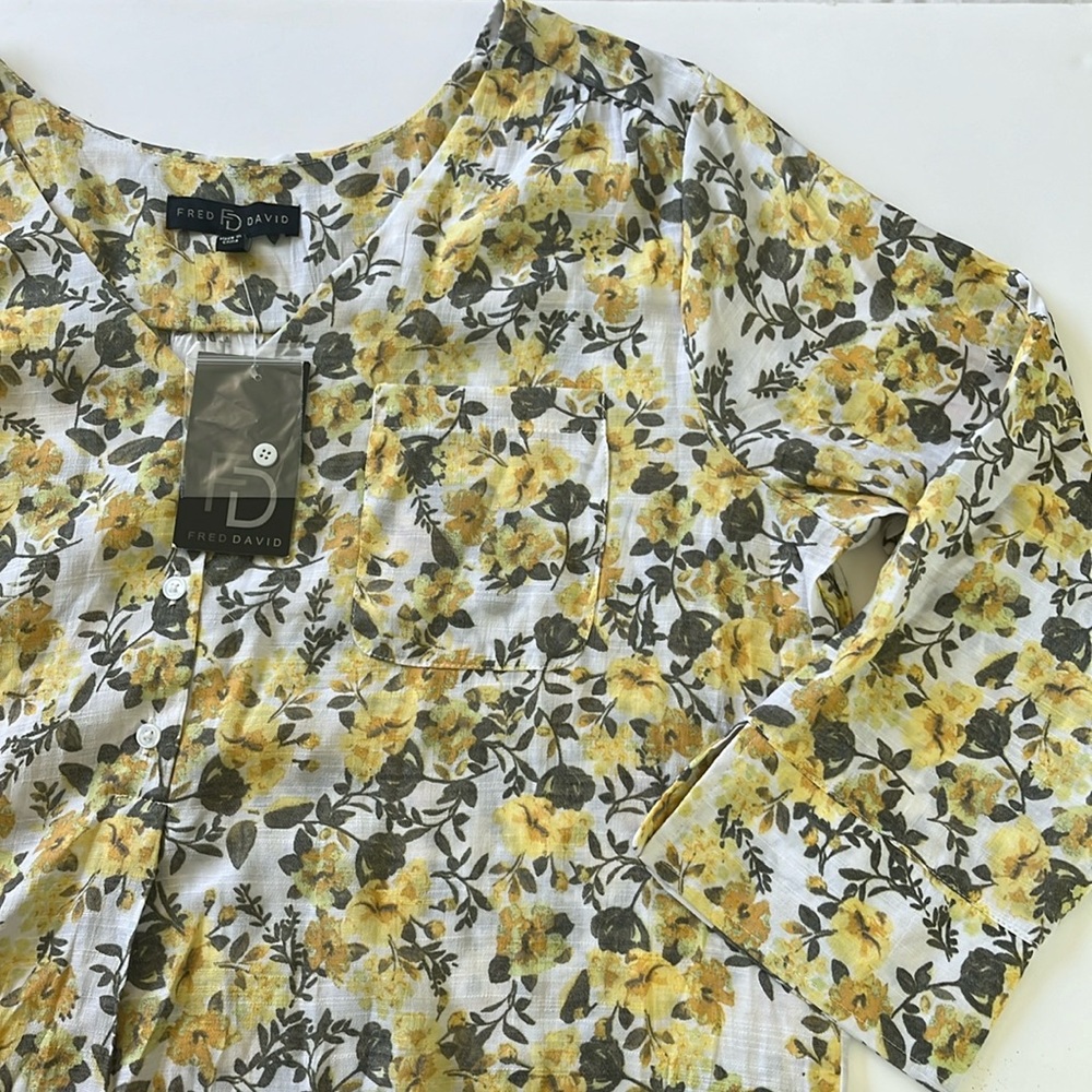 Fred David White Yellow & Green Floral Summer Women's Woven V-Neck Top, XL, NWT